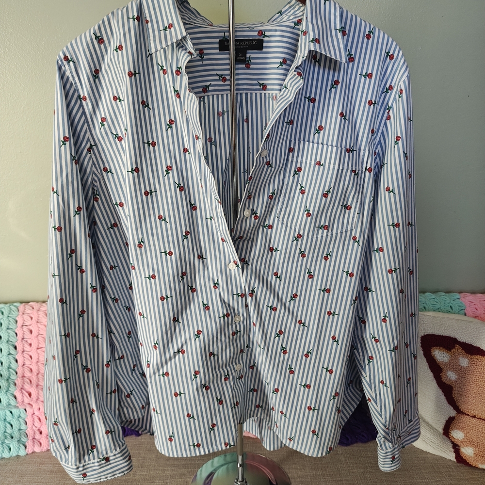 Banana Republic Blue Striped Shirt with Red Floral Accents